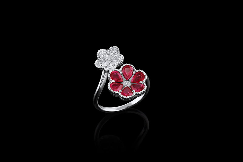 18k White Gold 2.10ctw Ruby and Diamond Flower Bypass Ring