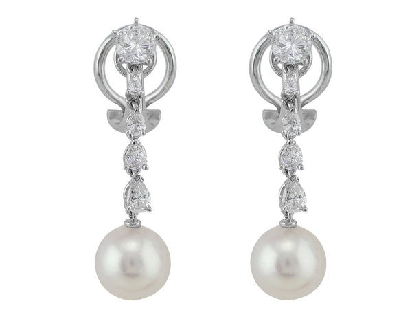 Estate 14k White Gold Pearl Diamond Dangle Earrings