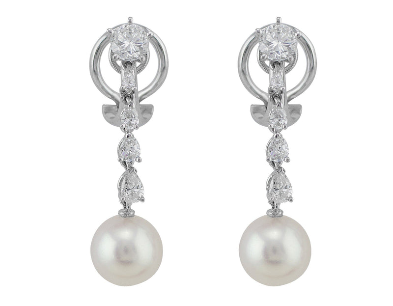 Estate 14k White Gold Pearl Diamond Dangle Earrings