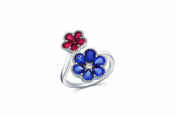Sapphire and Ruby Flower Motif Ring