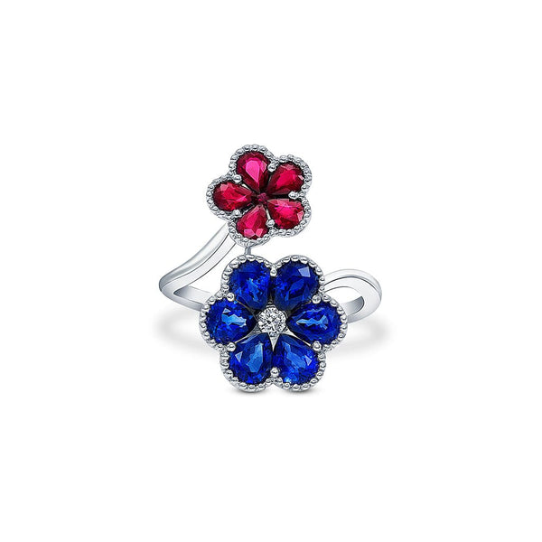 18k White Gold Sapphire and Ruby Floral Bypass Ring