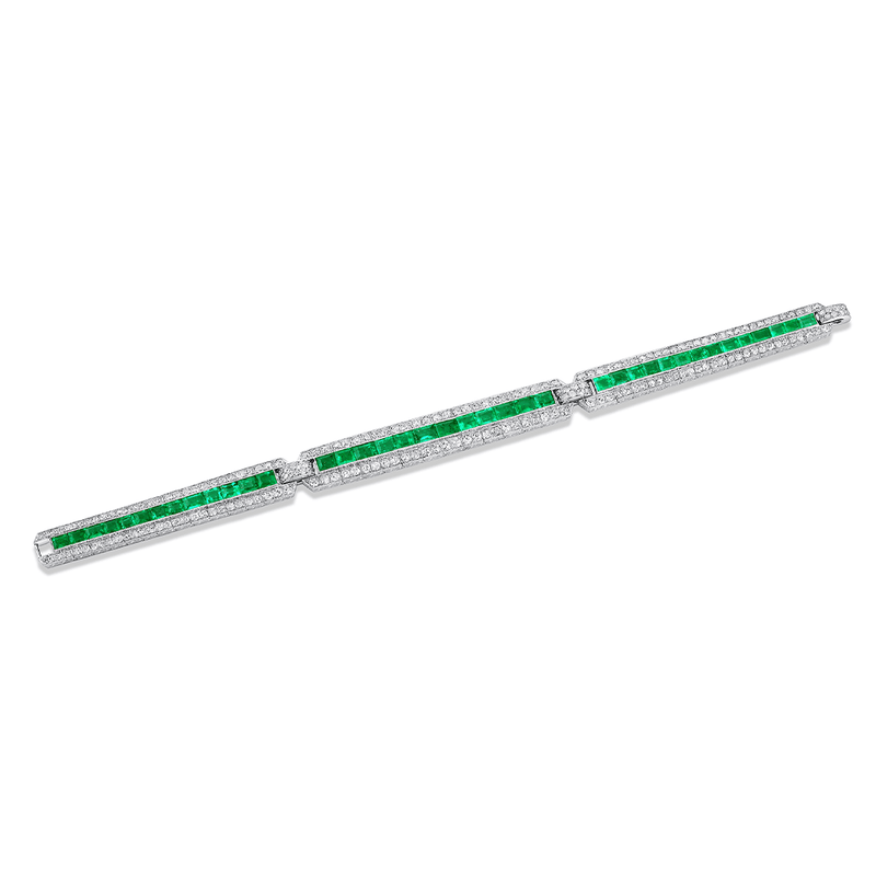 Estate Platinum 6.20ctw Emerald and 6.40ctw Diamond Art Deco Bracelet