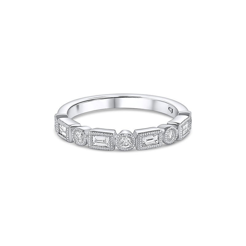 18k White Gold Diamond Baguette and Round Halfway Band