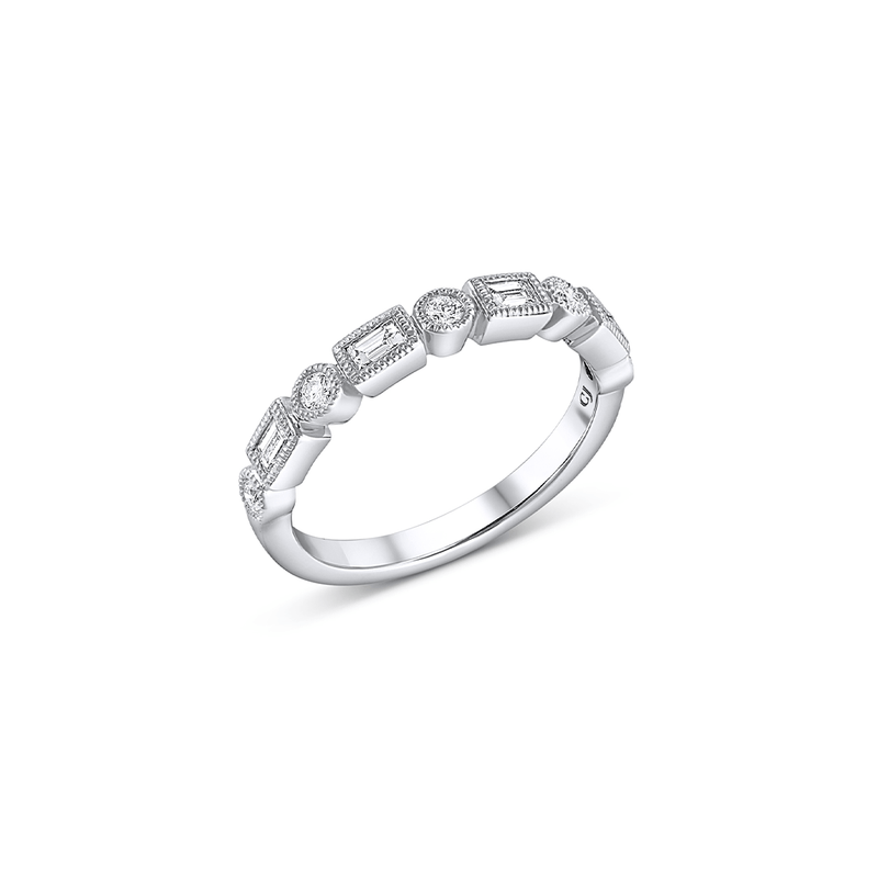 18k White Gold Diamond Baguette and Round Halfway Band