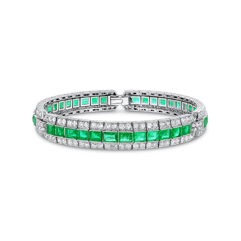 Estate Platinum 6.20ctw Emerald and 6.40ctw Diamond Art Deco Bracelet