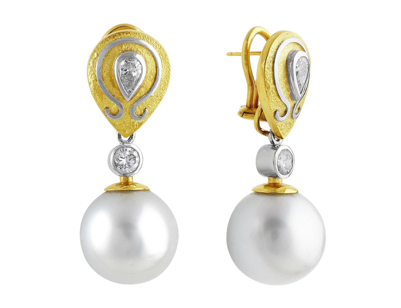Estate South Sea Pearl Earrings with Art Setting