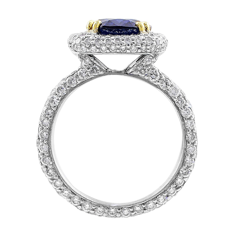 3ct Sapphire in a handmade platinum pave diamond ring