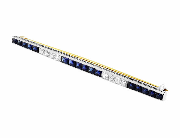 Estate 1920's Diamond Sapphire Bar Pin with 16 french cut sapphires