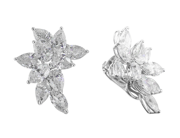 18k White Gold Platinum Pear and Marquise Diamond Cluster Earrings