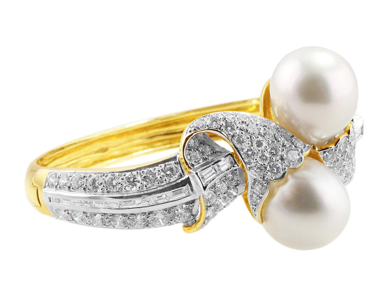 Bypass Pearl and Diamond Bangle Bracelet