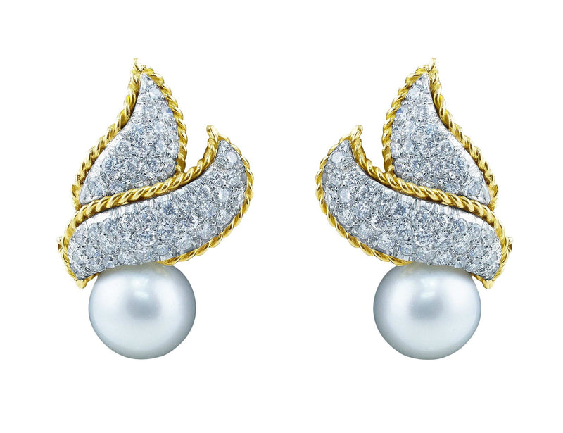 Estate Pearl and Pave Diamond Earrings