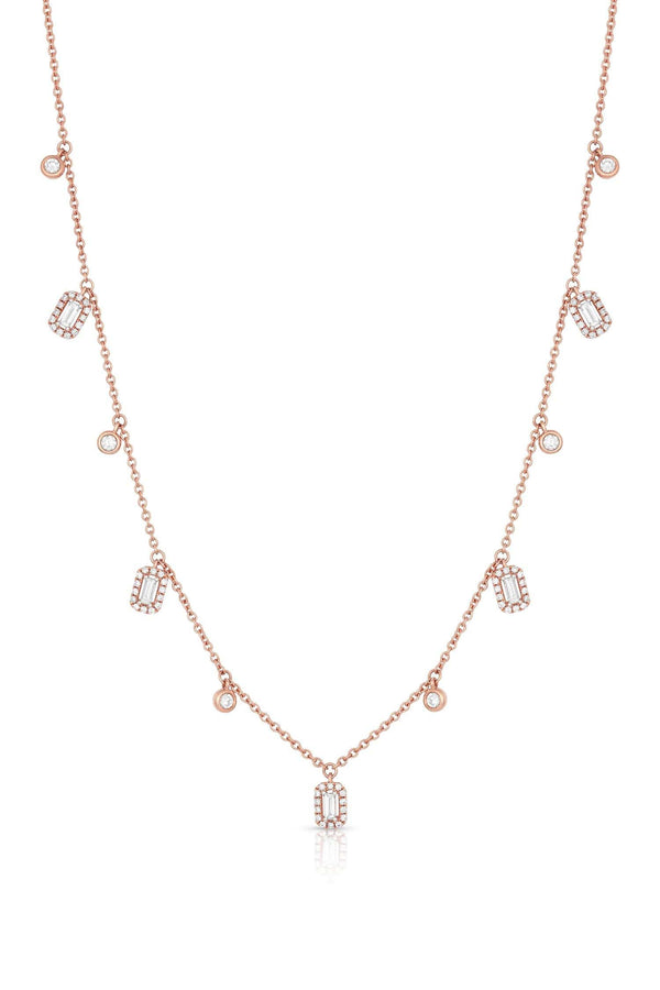 18kt Rose Gold Round and Rectangular Diamond Dangles Necklace