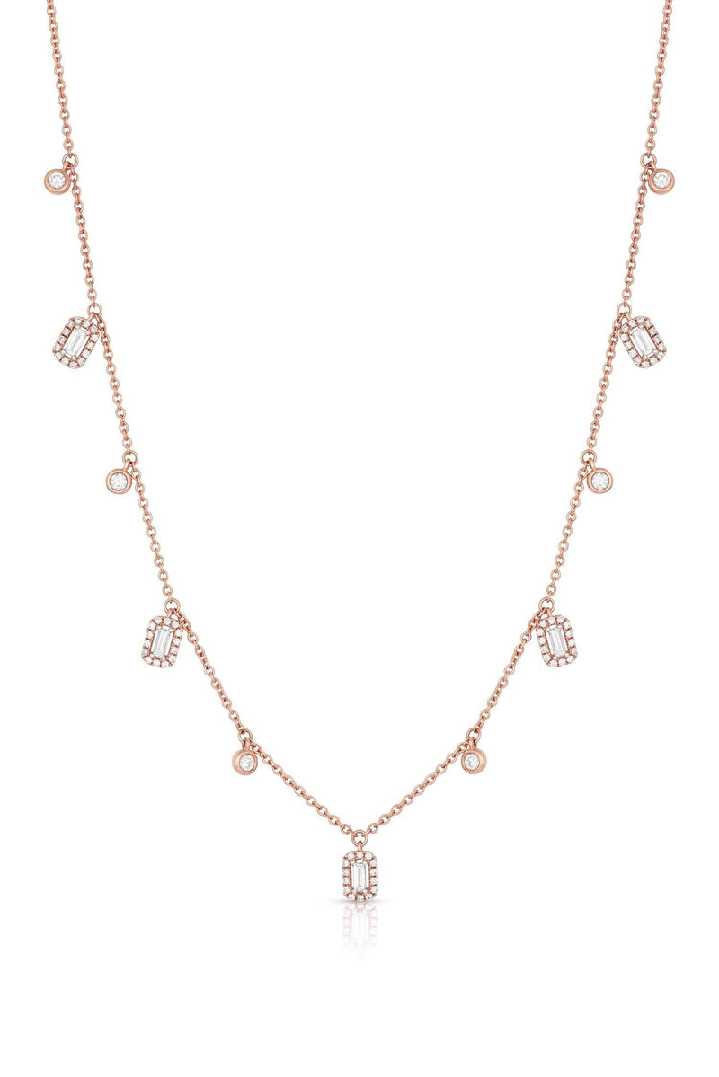 18kt Rose Gold Round and Rectangular Diamond Dangles Necklace