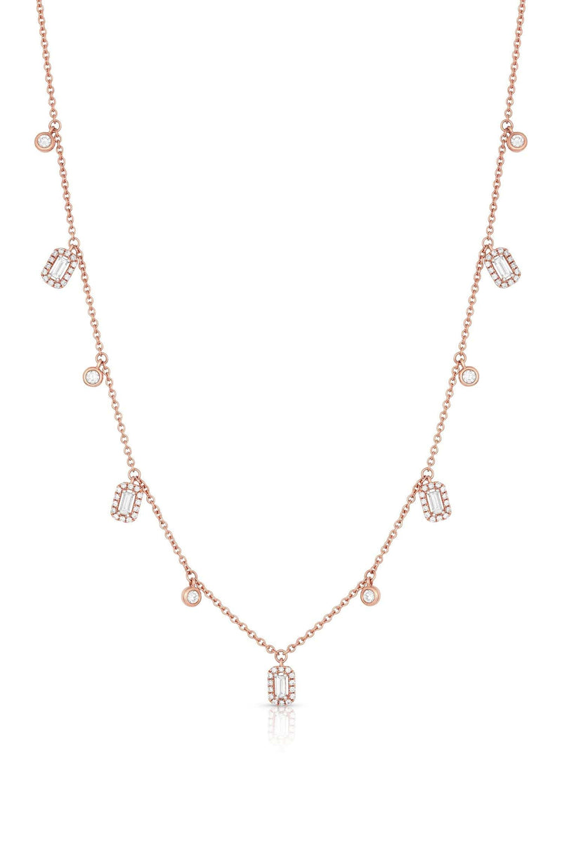 18kt Rose Gold Round and Rectangular Diamond Dangles Necklace