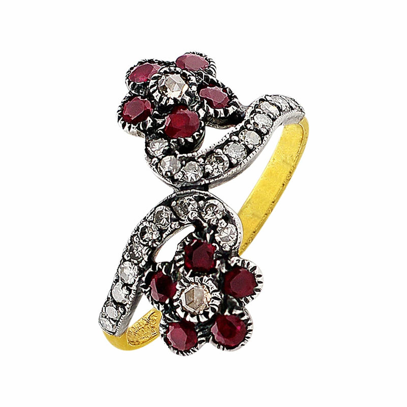 1890's Antique Flower Diamond Ruby Ring
