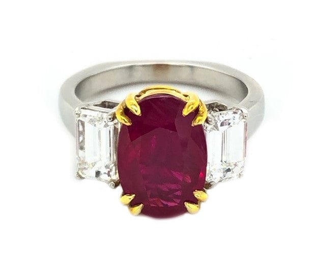 18k Yellow Gold Platinum 4.13ct Burma "Pigeon Blood" Ruby Ring GIA Certified