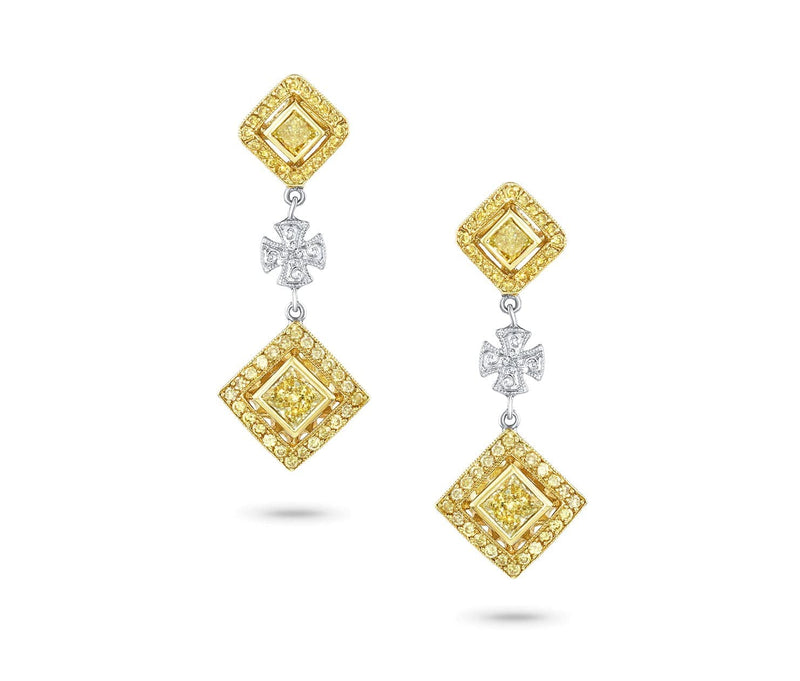 18k White Yellow Gold Fancy Yellow Diamond Maltese Cross Earrings